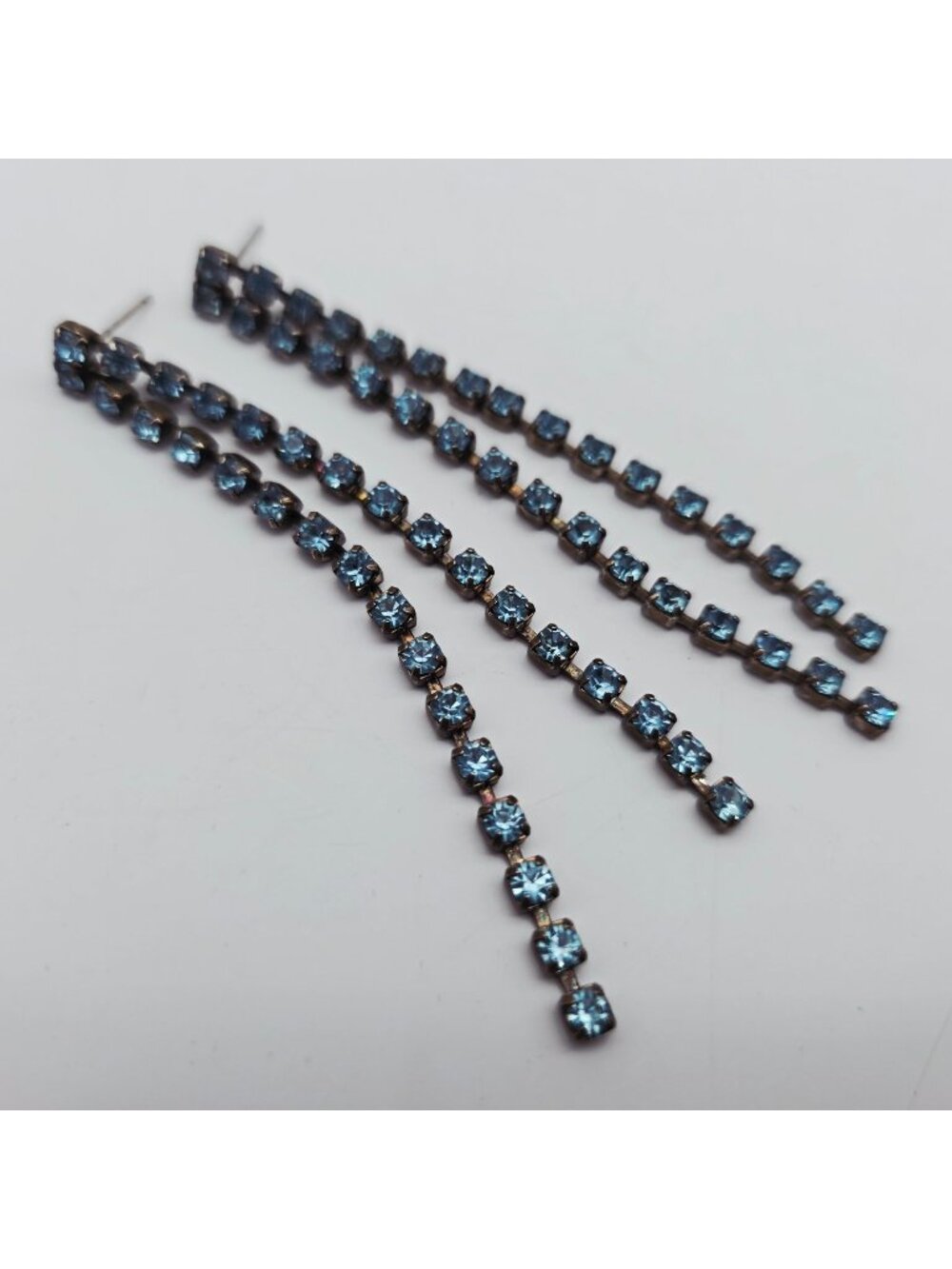 Long Rhinestone Chain Dangle Earrings Blue Crystals 3" Vintage